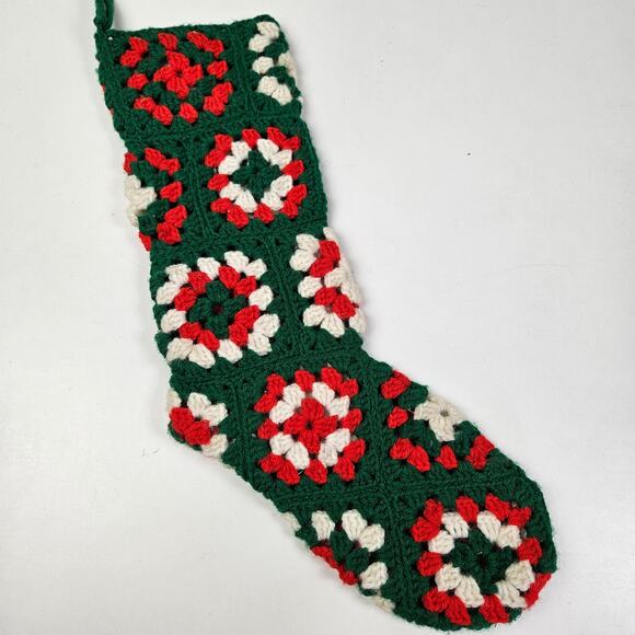 Vintage‎ Handmade Granny Square Christmas Stocking Red Green White - Picture 1 of 4